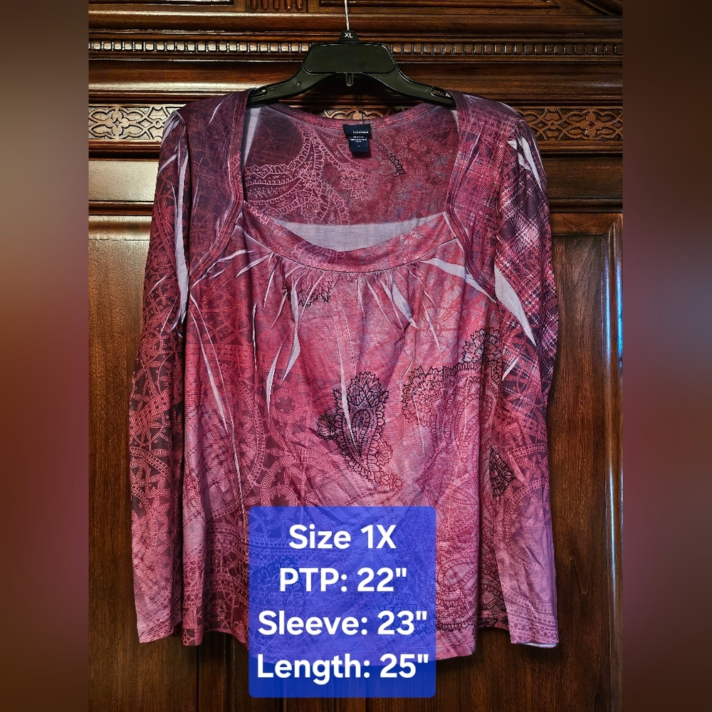 Basic Editions Patterned Top, Euc, Size 1x - image 1